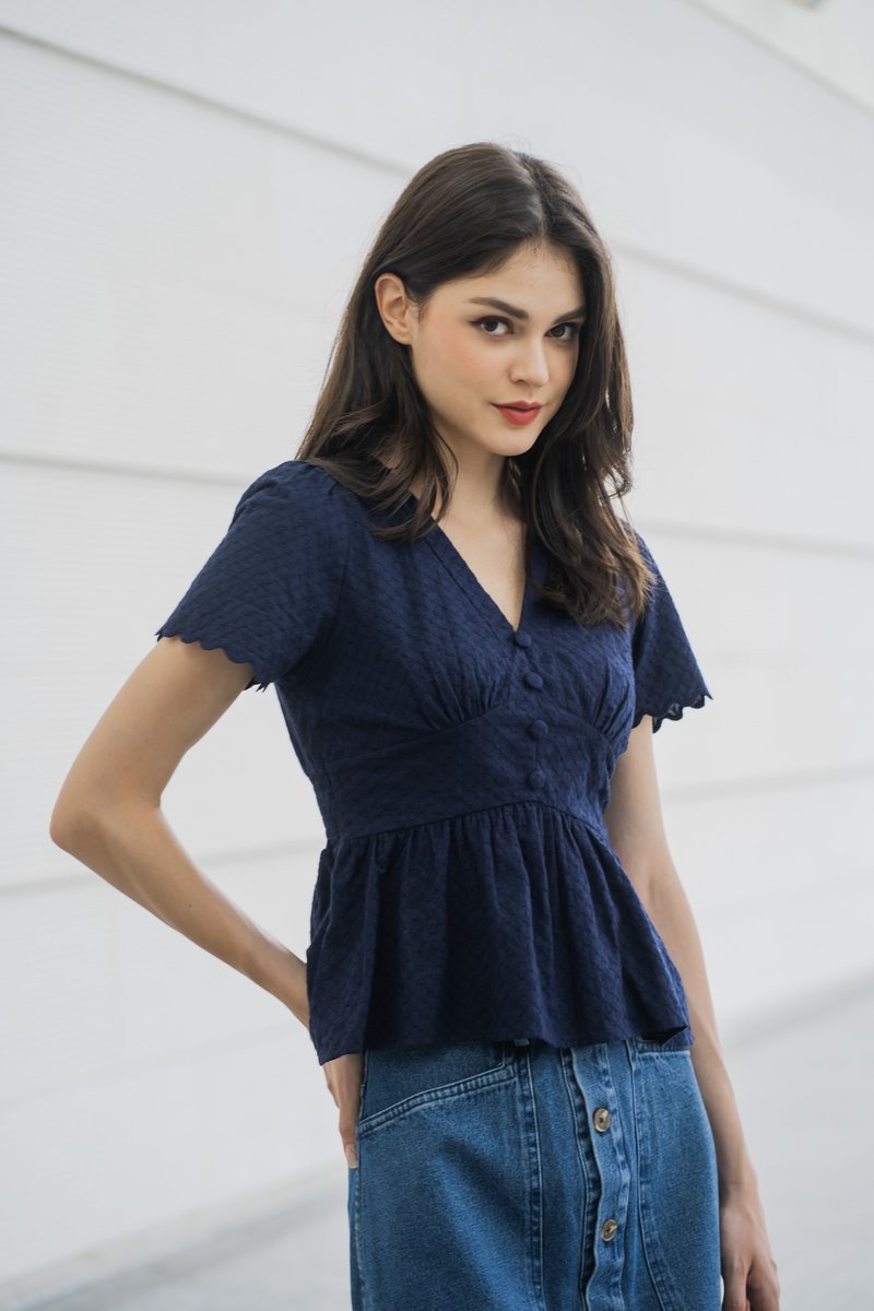 Layana Button Empire Babydoll Top In Navy (XS)