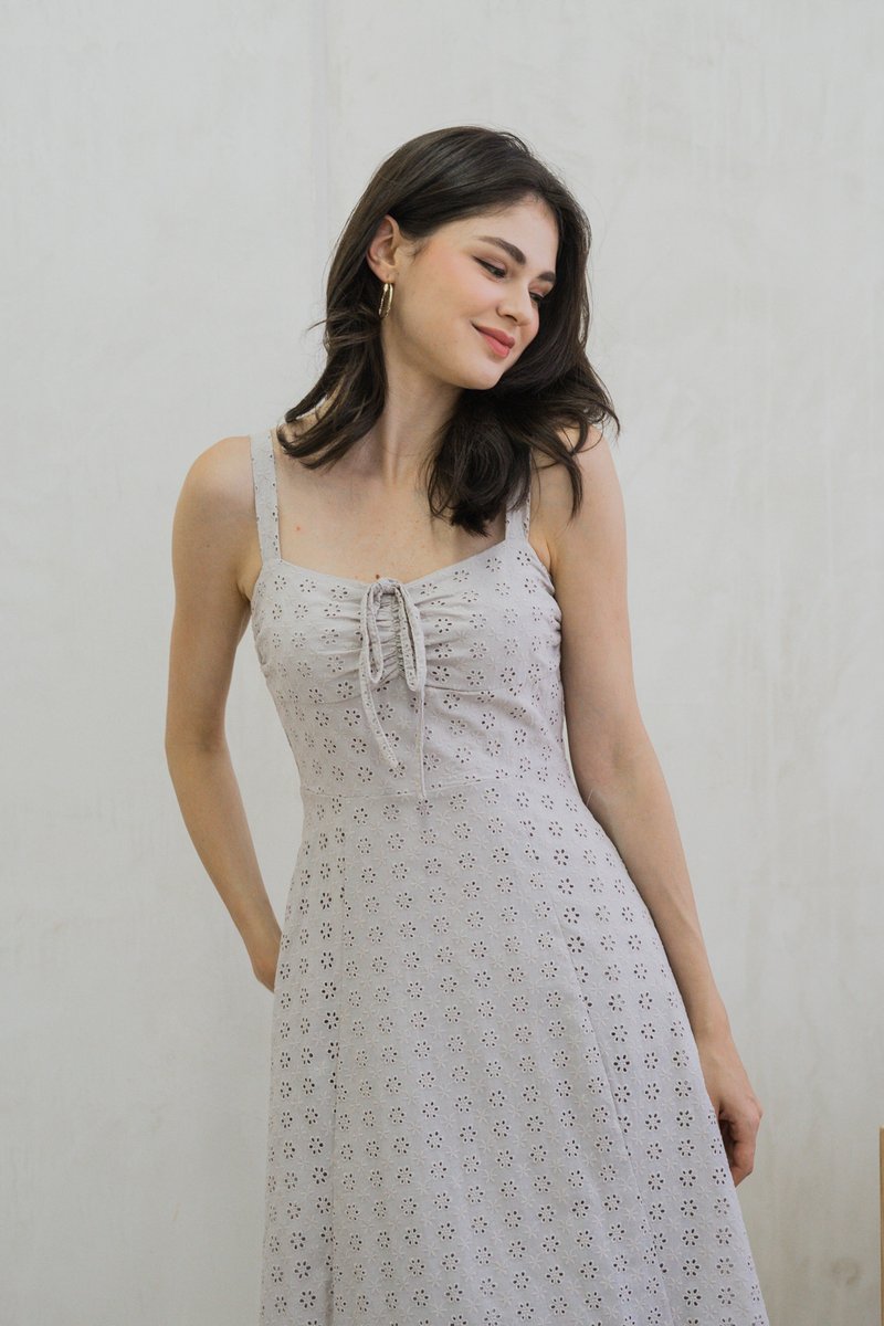 Zella Tie Ribbon Eyelet Midi Dress In Grey (XS)