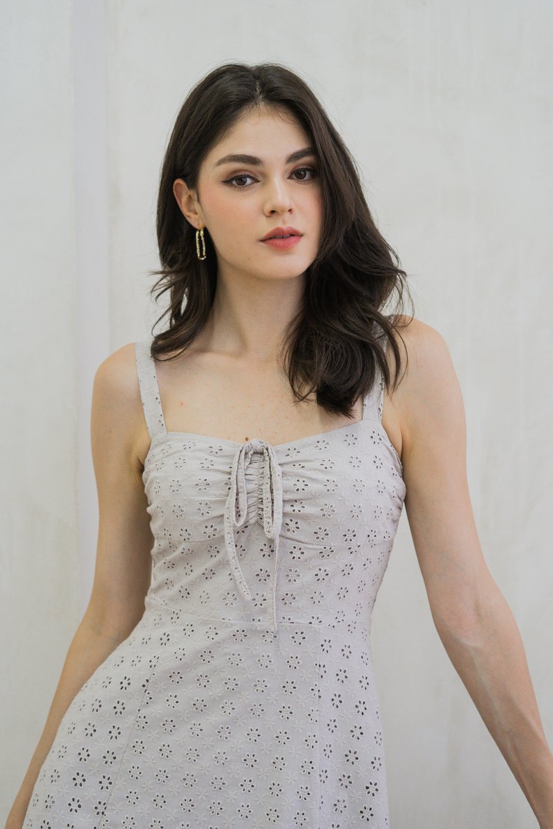 Zella Tie Ribbon Eyelet Midi Dress In Grey (XS)