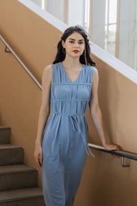 Rory Pleated Button Midi Dress In Blue (XL)