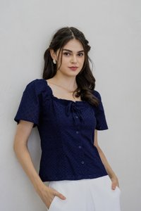 Louise Eyelet Ribbon Top In Navy (XS)