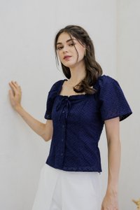Louise Eyelet Ribbon Top In Navy (XS)