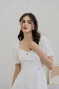 Brynn Mini Floral Embroidery Empire Waist Dress In White (XS)