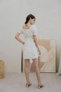 Brynn Mini Floral Embroidery Empire Waist Dress In White (XS)