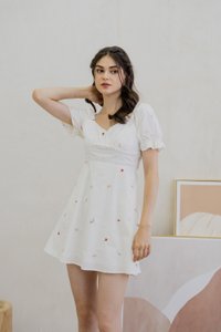 Brynn Mini Floral Embroidery Empire Waist Dress In White (XS)