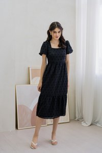 Clea Textured Swiss Dots Midi Dress In Black (XS)
