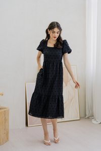 Clea Textured Swiss Dots Midi Dress In Black (XS)