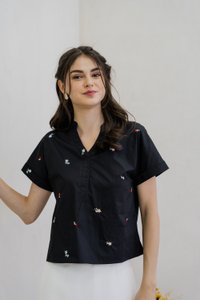 Brynn Mini Floral Embroidery Top In Black (XS)