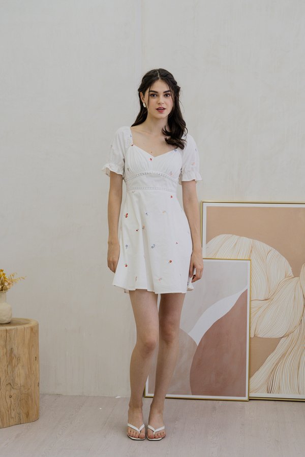 Brynn Mini Floral Embroidery Empire Waist Dress In White (XS)