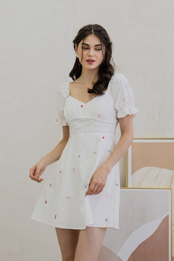 Brynn Mini Floral Embroidery Empire Waist Dress In White (XS)
