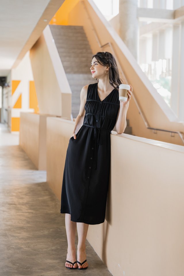 Rory Pleated Button Midi Dress In Black