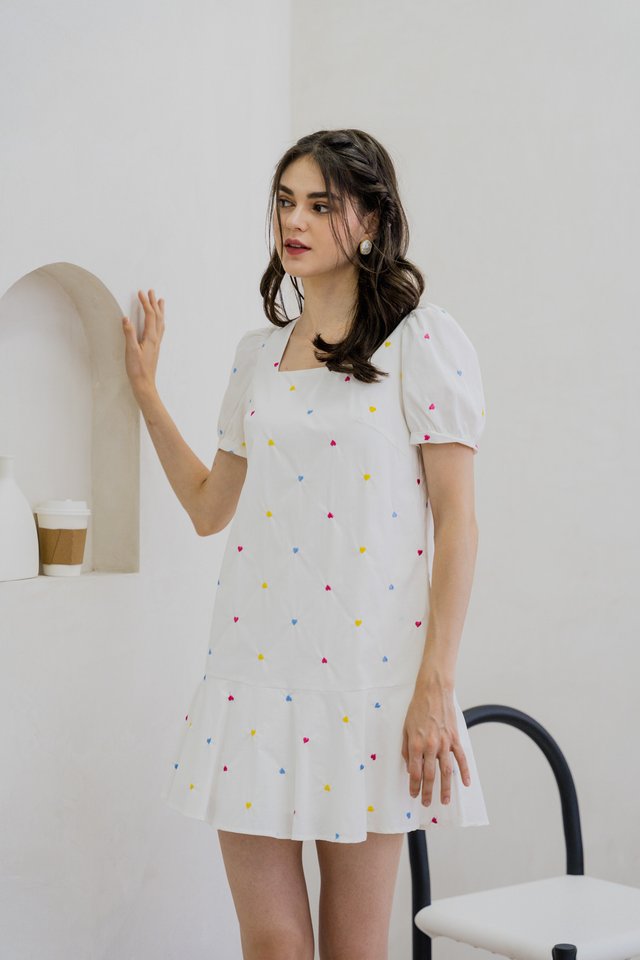 Vivianne Hearts Embroidery Drop Waist Dress In White (XS)