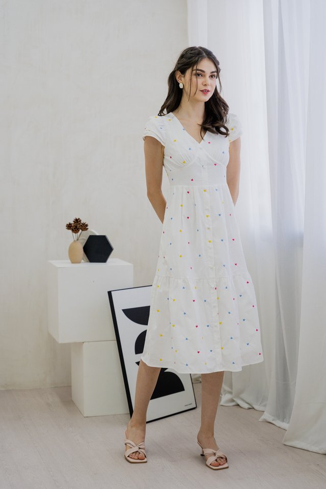 Vivianne Hearts Embroidery Midi Dress In White