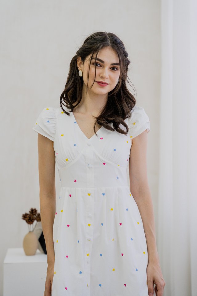 Vivianne Hearts Embroidery Midi Dress In White