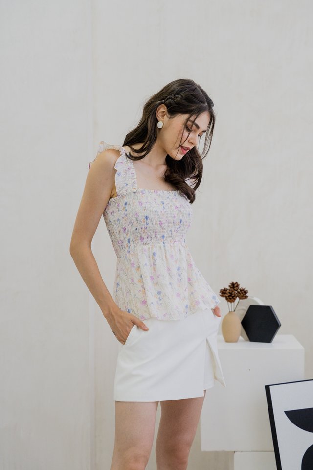 Cerese Printed Smocked Top In Cream