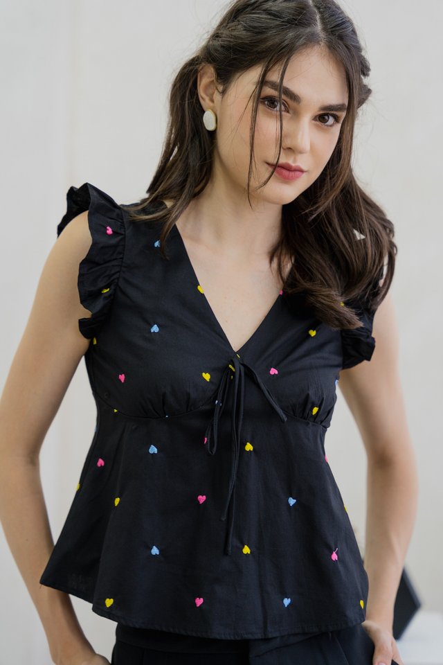 Vivianne Embroidery Hearts Top In Black (XS)