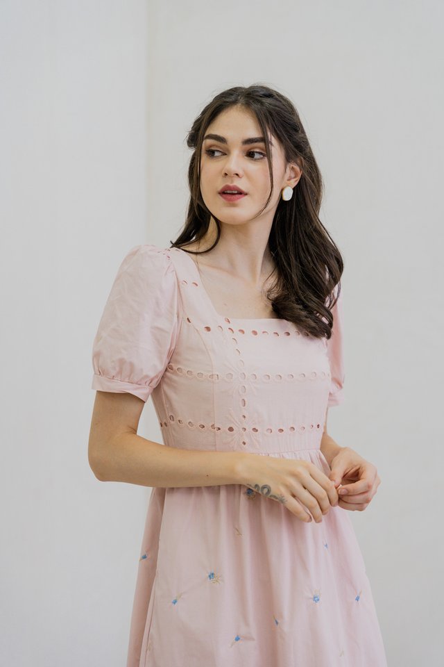Amalie Eyelet Midi Dress In Pink (XS)