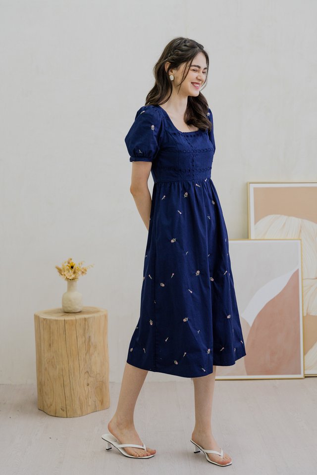 Amalie Eyelet Midi Dress In Navy