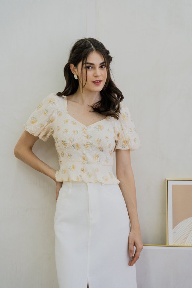 Emelda Embroidery Button Top In Cream (L)