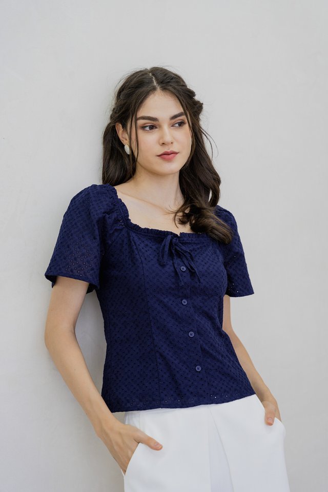 Louise Eyelet Ribbon Top In Navy