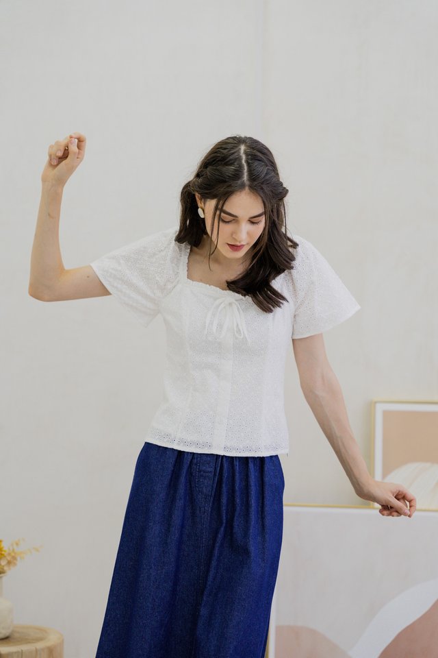 Louise Eyelet Ribbon Top In White