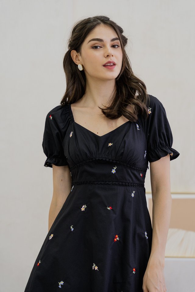 Brynn Mini Floral Embroidery Empire Waist Dress In Black (XS)