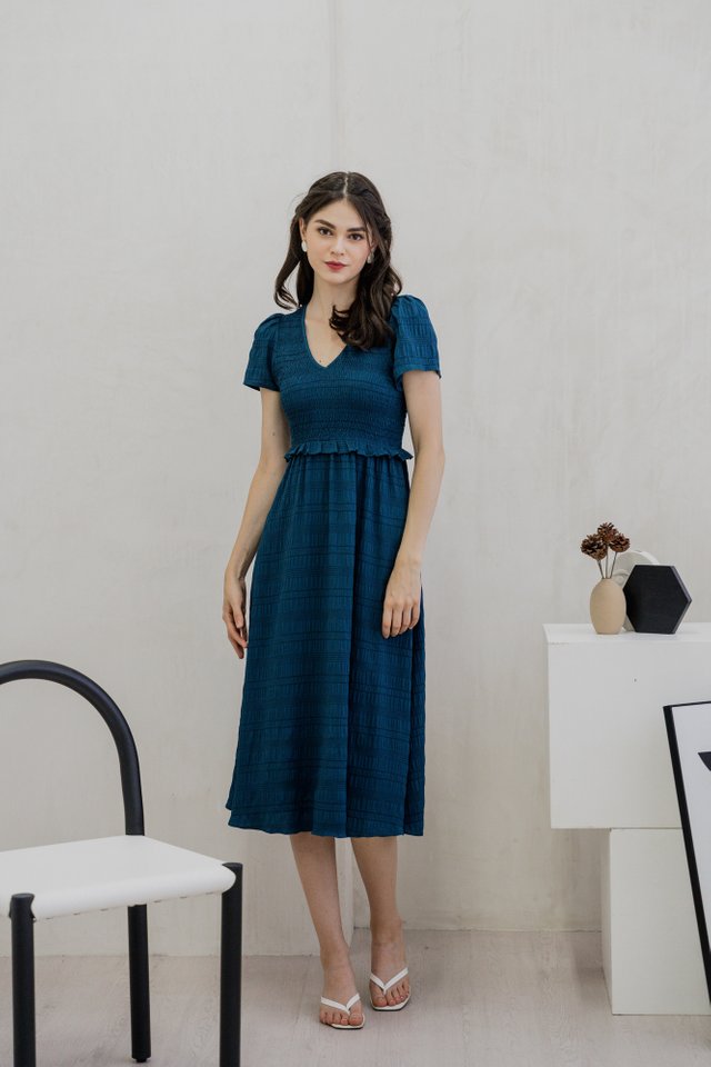 Coraline Textured Smocked Midi Dress In Teal (XS)