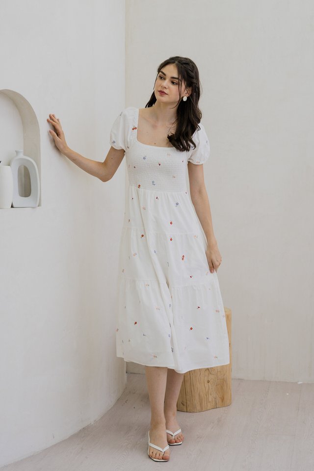 Brynn Mini Floral Embroidery Smocked Maxi Dress In White 