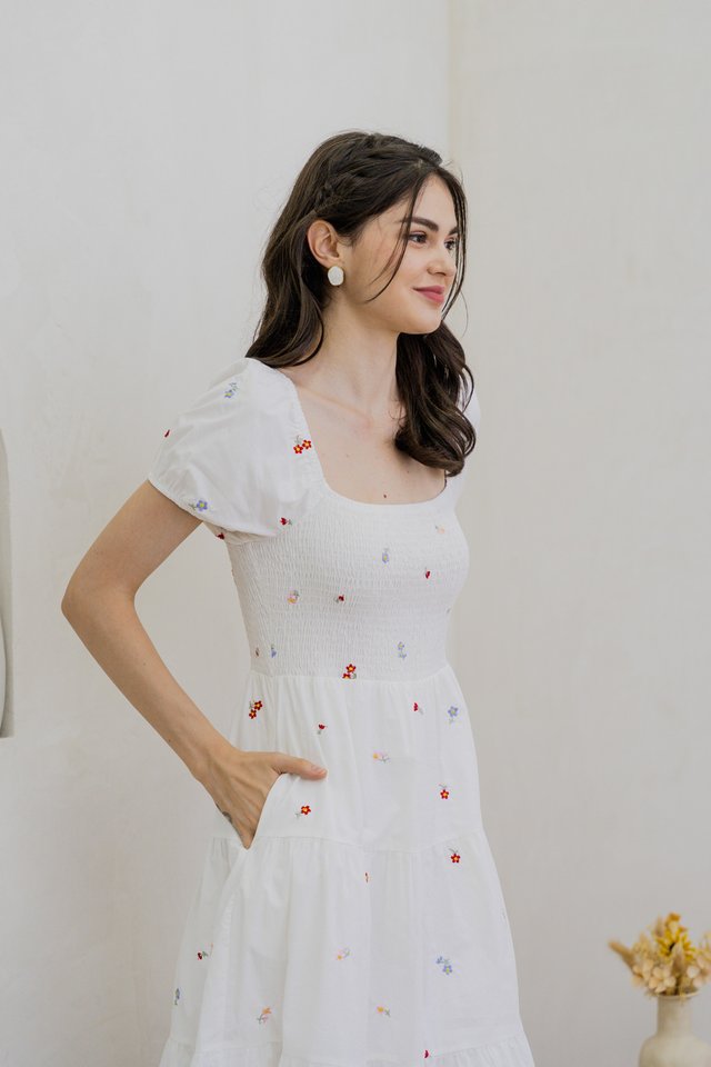 Brynn Mini Floral Embroidery Smocked Maxi Dress In White 