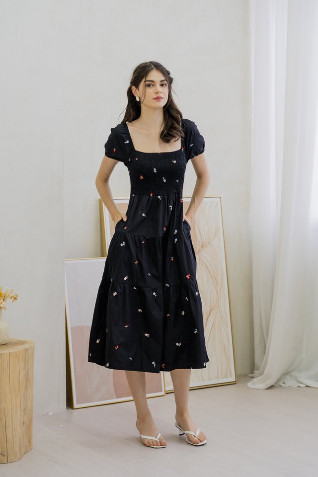 Brynn Mini Floral Embroidery Smocked Maxi Dress In Black