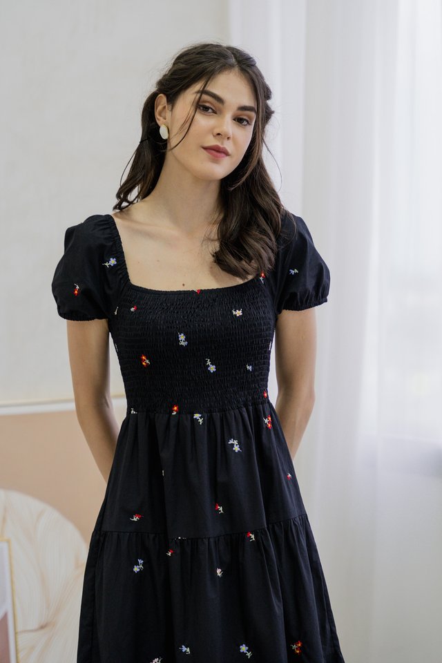 Brynn Mini Floral Embroidery Smocked Maxi Dress In Black