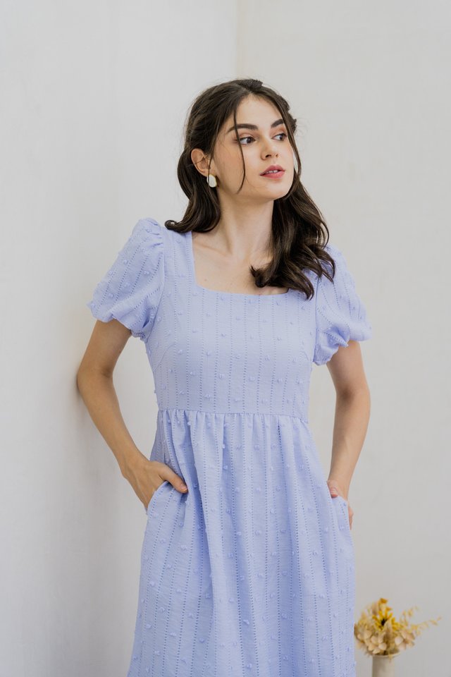 Clea Textured Swiss Dots Midi Dress In Blue (XS)