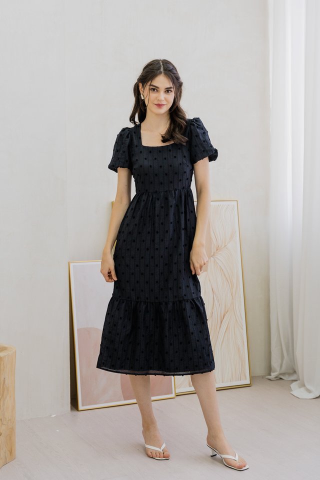 Clea Textured Swiss Dots Midi Dress In Black (XS)