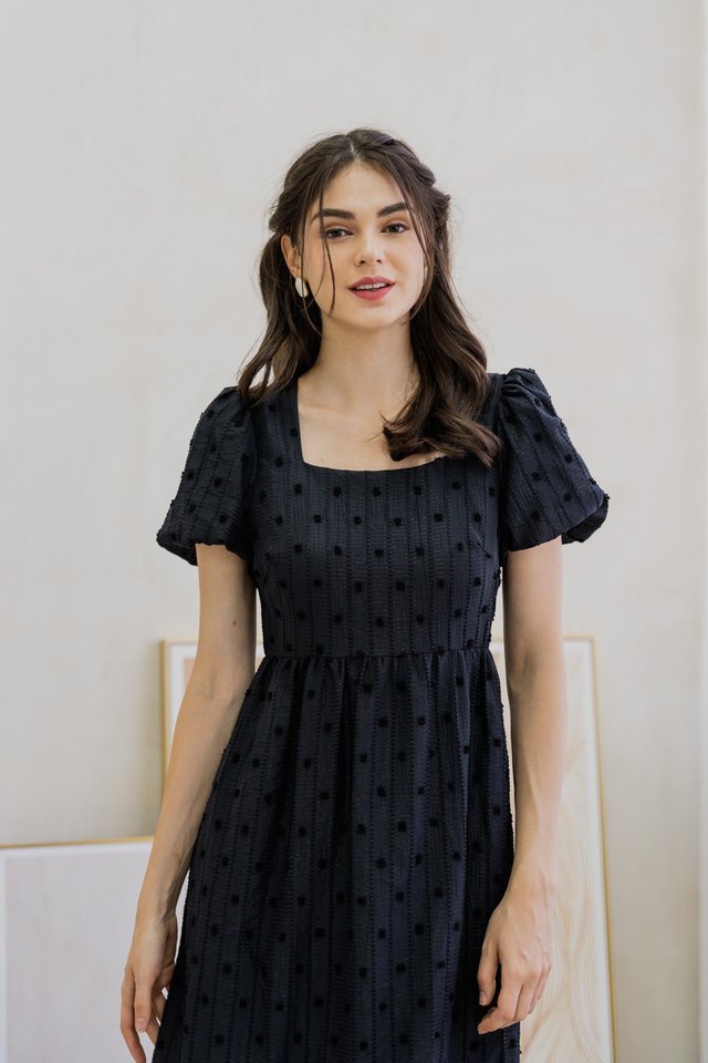 Clea Textured Swiss Dots Midi Dress In Black (XS)