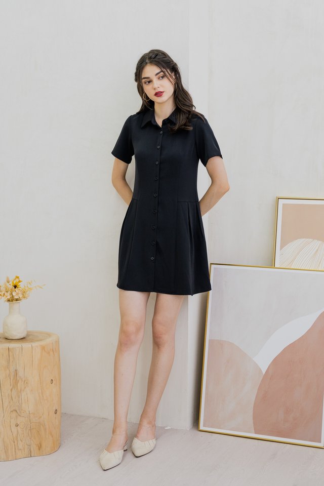 Madeline Button Shirt Dress In Black (XS)