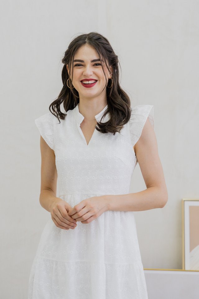 Alaina Mandarin Collar Eyelet Midi Dress In White (XL)