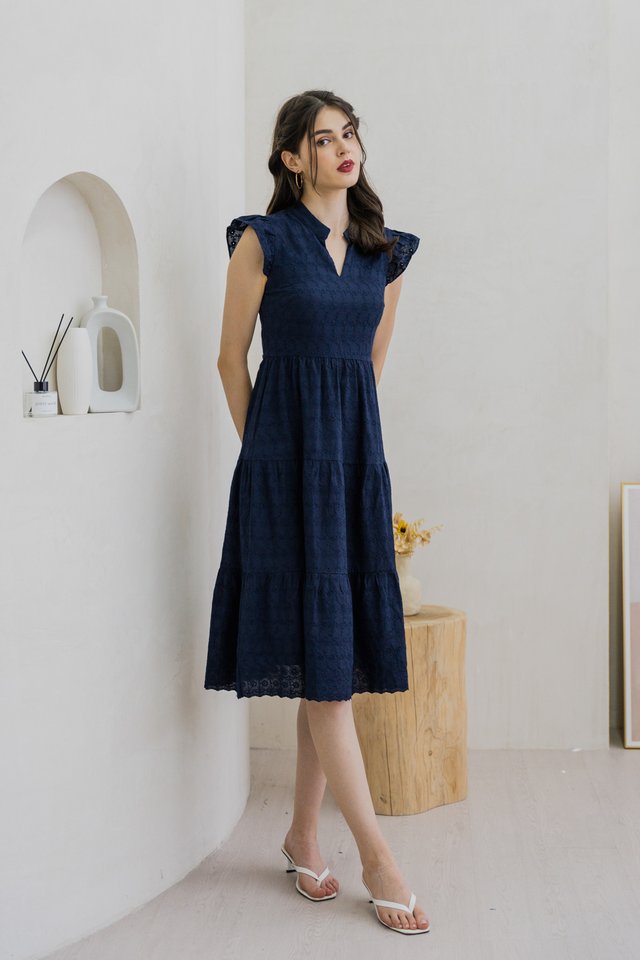 Alaina Mandarin Collar Eyelet Midi Dress In Navy (XS)