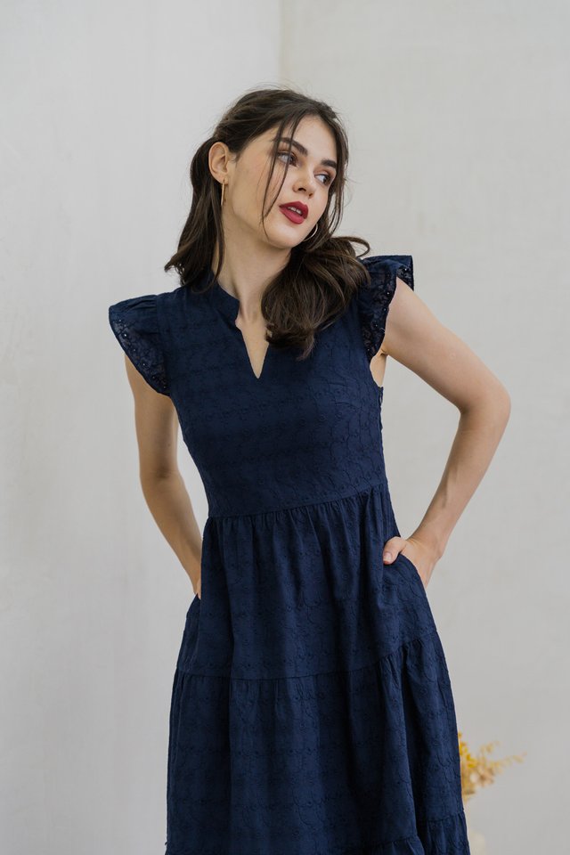 Alaina Mandarin Collar Eyelet Midi Dress In Navy (XS)