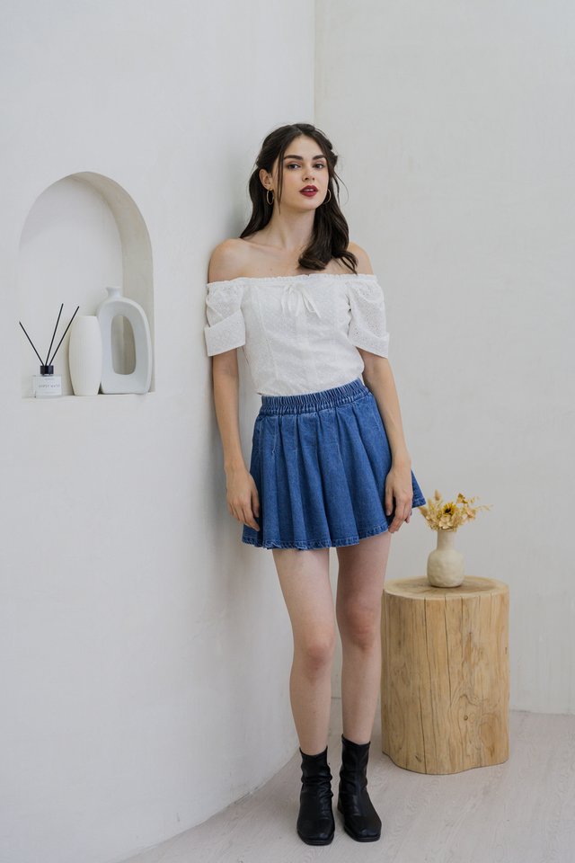 Kelsey Elastic Waist Denim Skort In Dark Wash