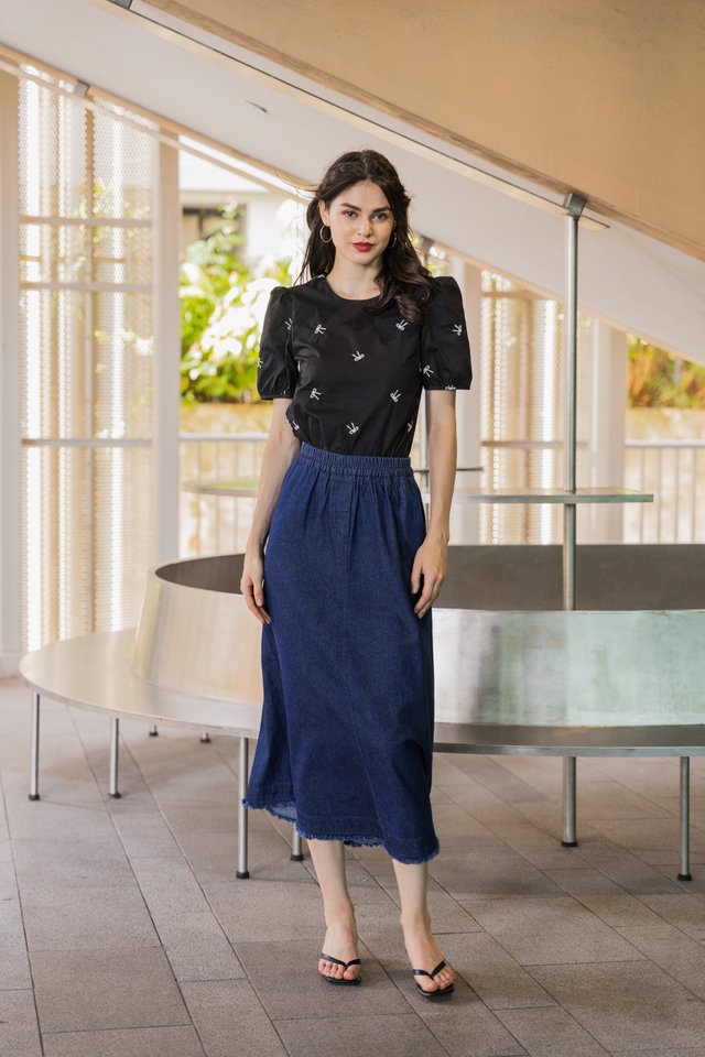 Kristin Elastic Waist Denim Midi Skirt 