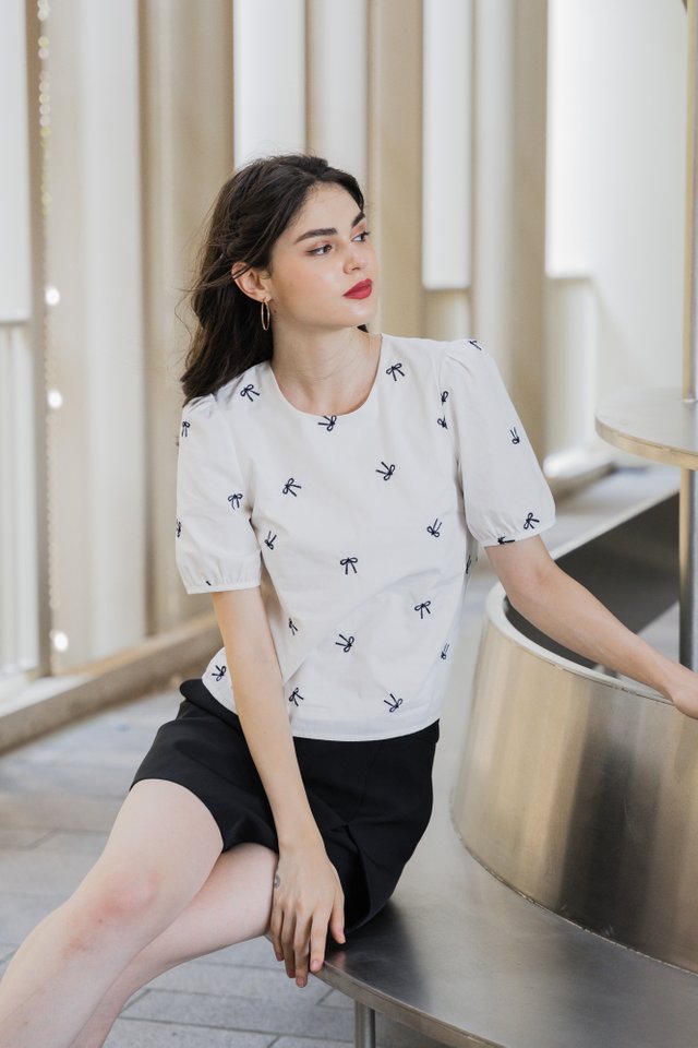 Kaiya Embroidered Ribbon Top In White