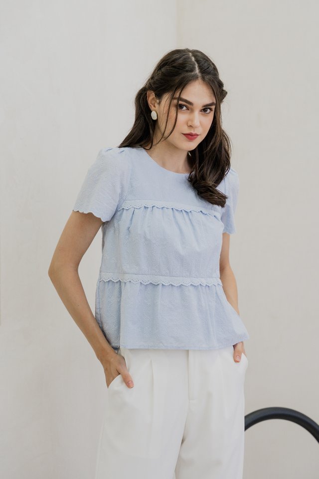 Adrianna Eyelet Crochet Top In Powder Blue (XS)