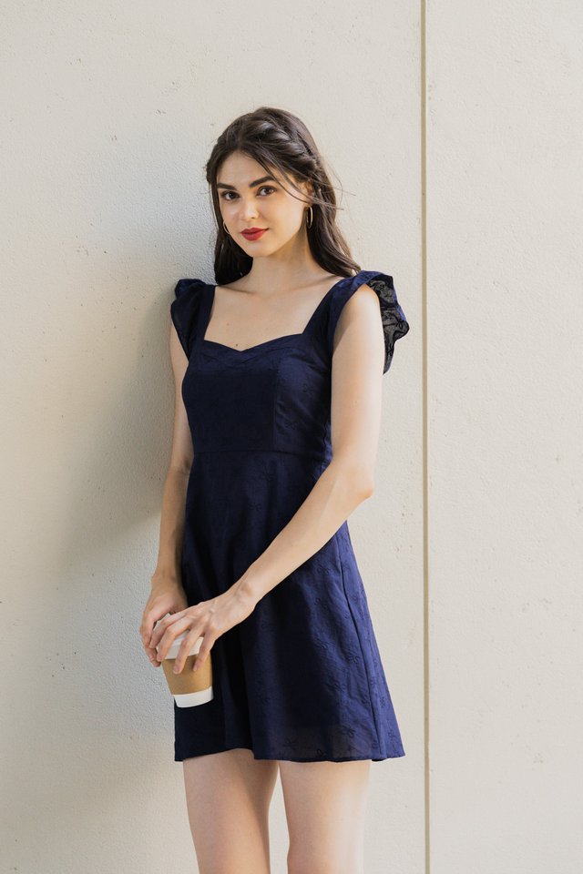 Avril Ribbon Embroidered Dress In Navy