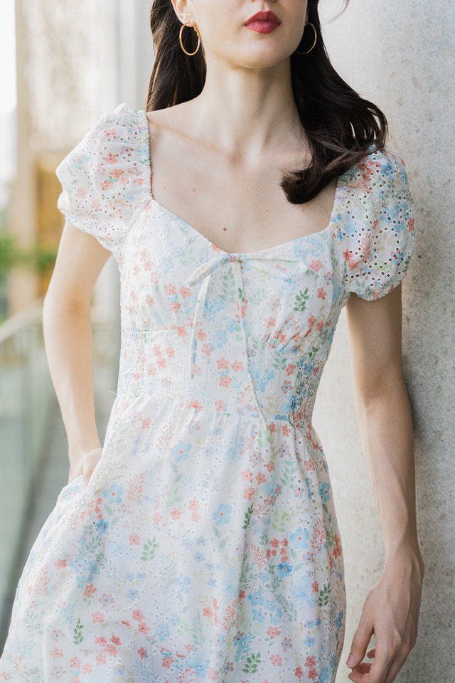 Corinne Eyelet Smocked Dress Romper (XS)