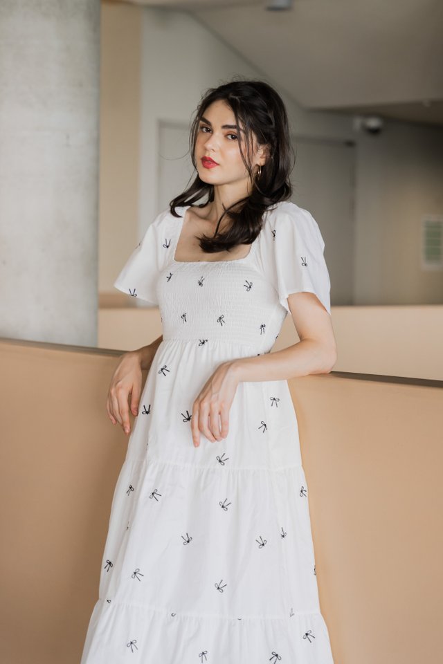 Kaiya Embroidered Ribbon Maxi Dress In White (XS)