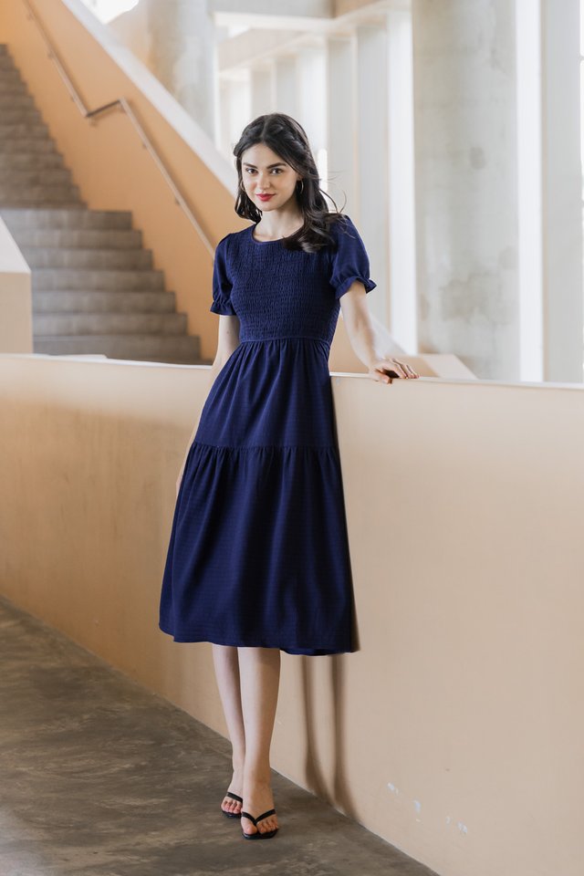 Katalia Textured Smocked Midi Dress In Navy (XS)