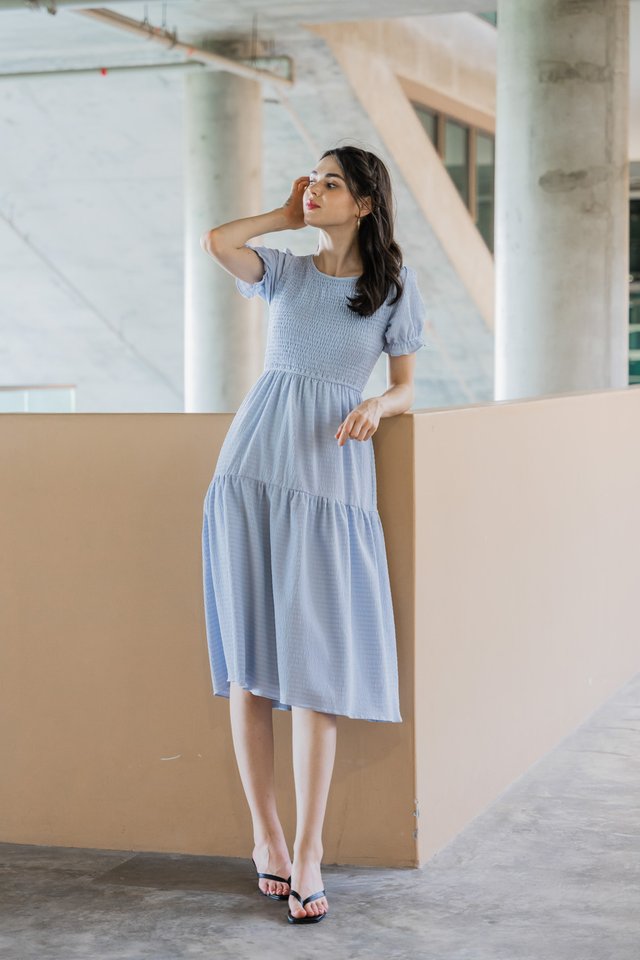 Katalia Textured Smocked Midi Dress In Powder Blue