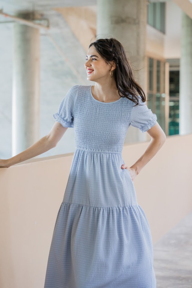 Katalia Textured Smocked Midi Dress In Powder Blue