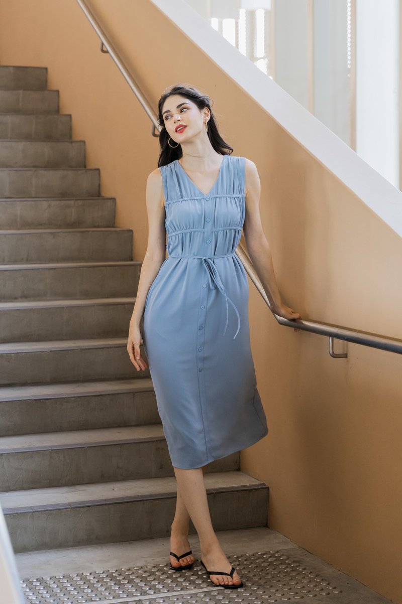 Rory Pleated Button Midi Dress In Blue (XL)