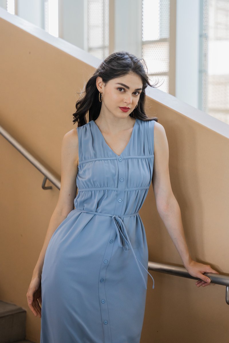 Rory Pleated Button Midi Dress In Blue (XL)